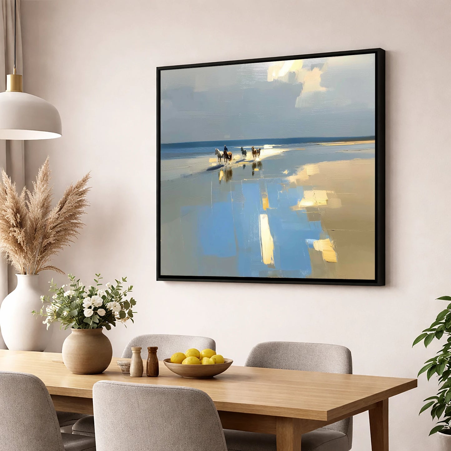 Coastal Hack Reflections horse landscape wall art displayed in a dining room
