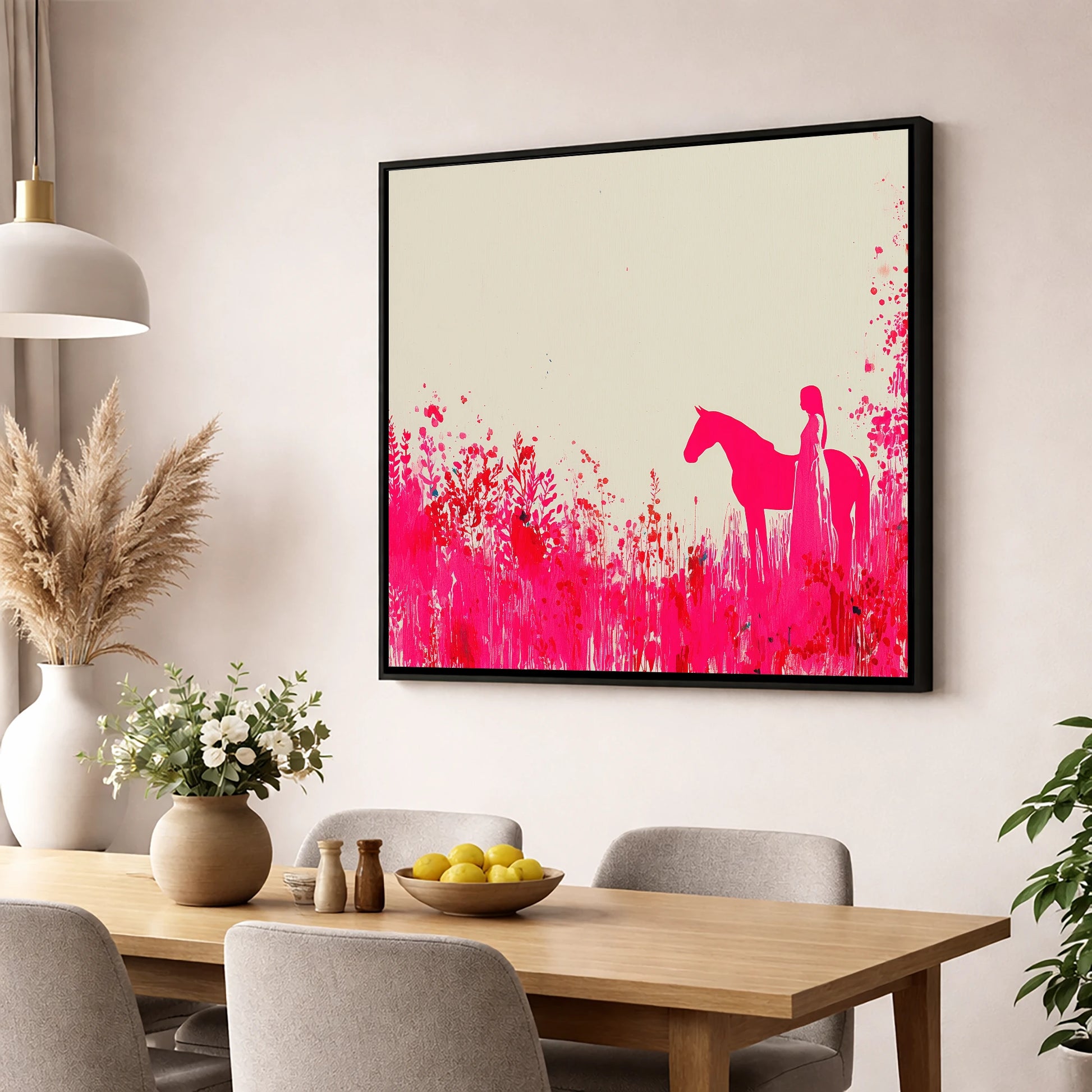 Vibrant Magenta Silhouette horse & rider wall art displayed in a dining room