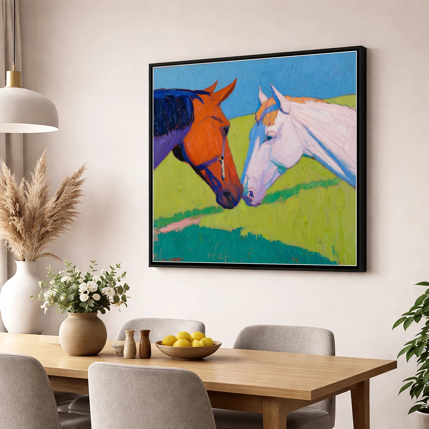 Vivid Equine Greeting horse portrait wall art displayed in a dining room
