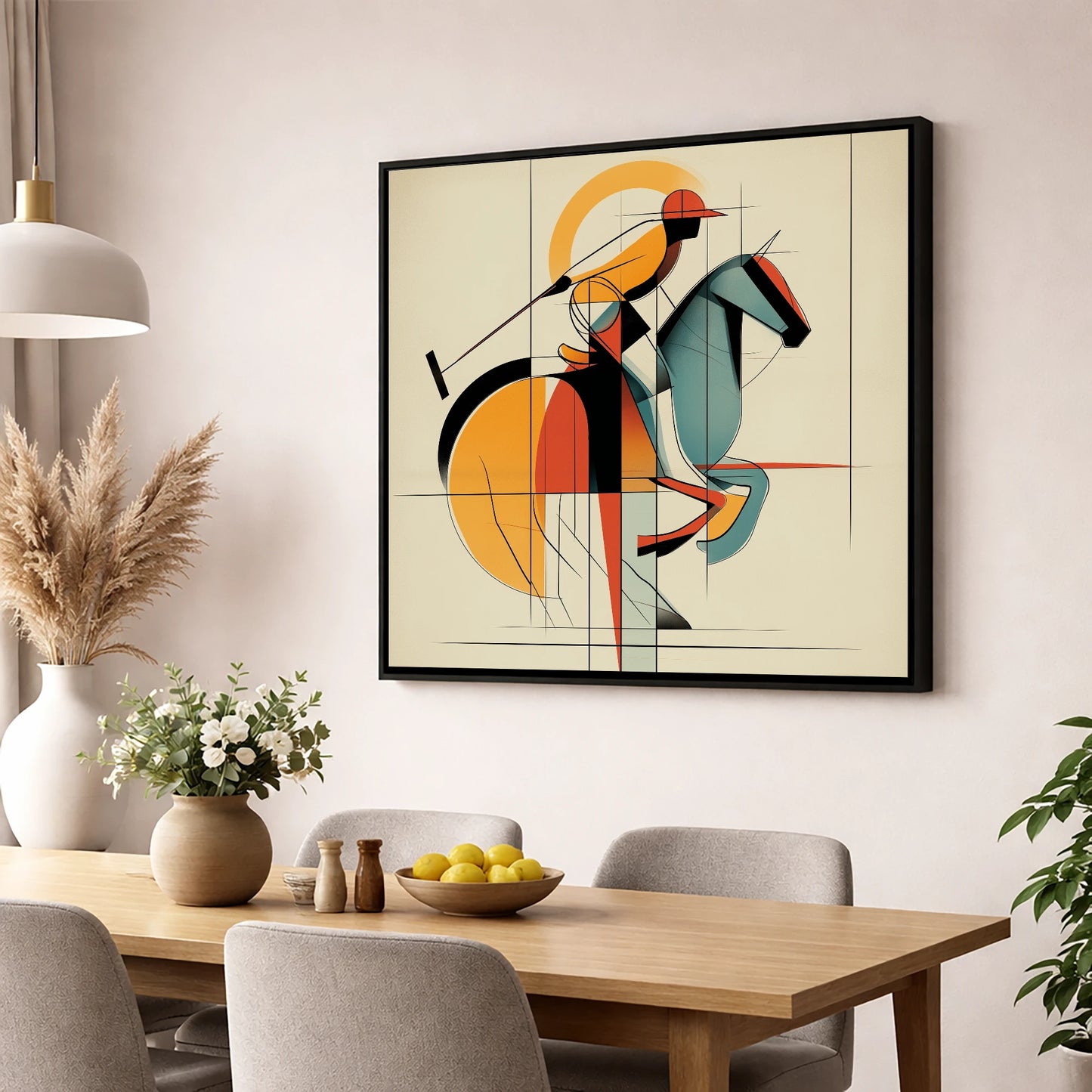 Structured Polo Strike polo horse wall art displayed in a dining room