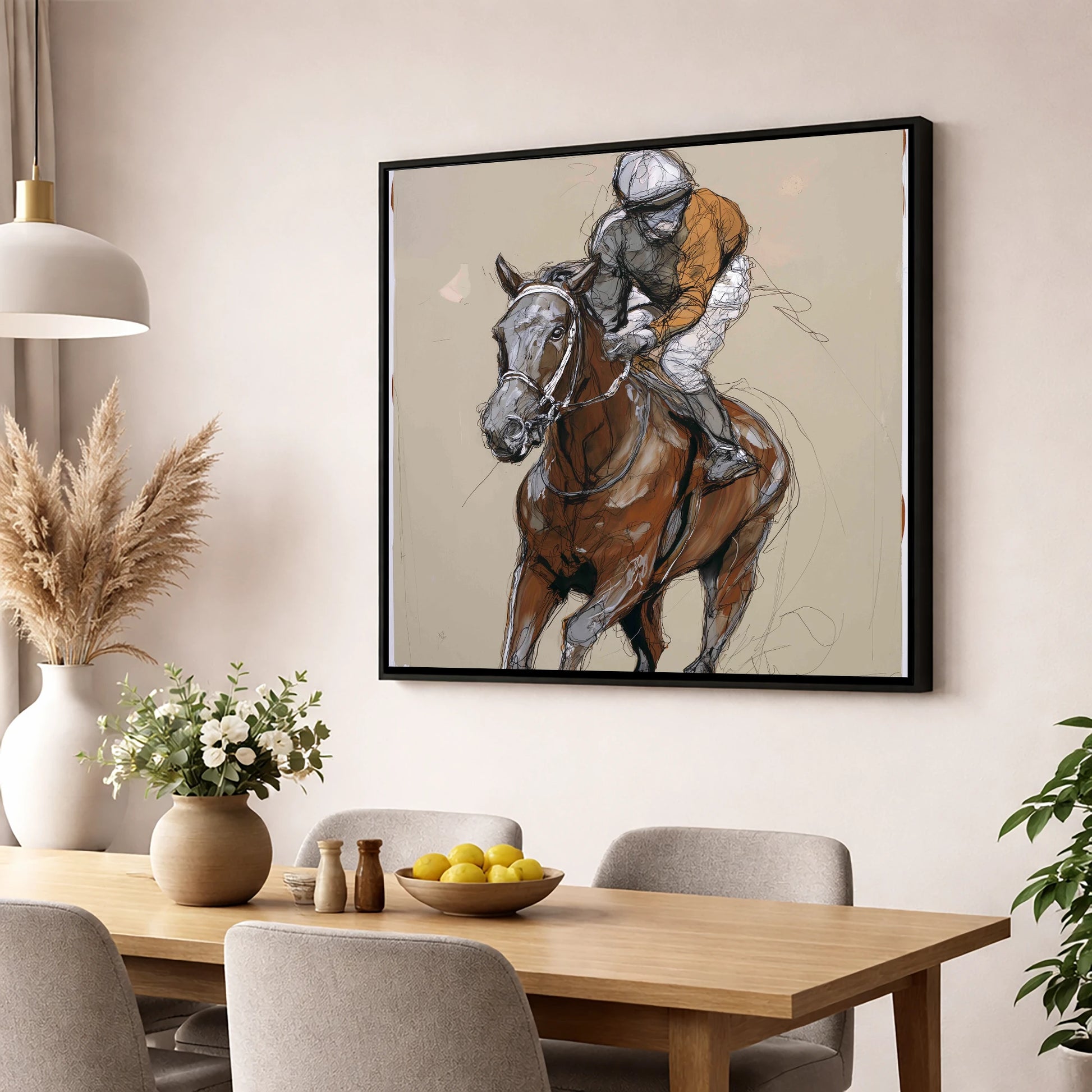 Pace and Power racing horse wall art displayed in a dining room