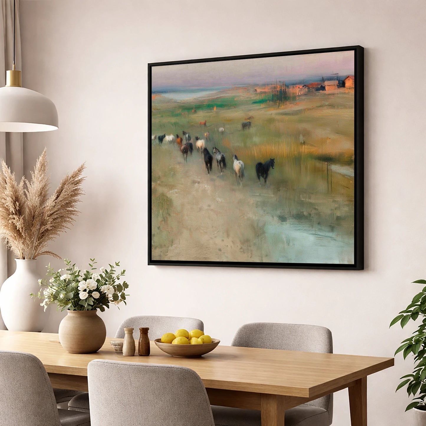 Roaming the Marshes wild horses wall art displayed in a dining room