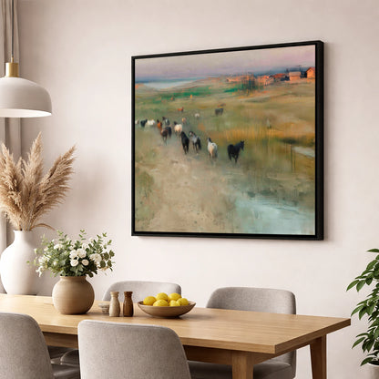 Roaming the Marshes wild horses wall art displayed in a dining room