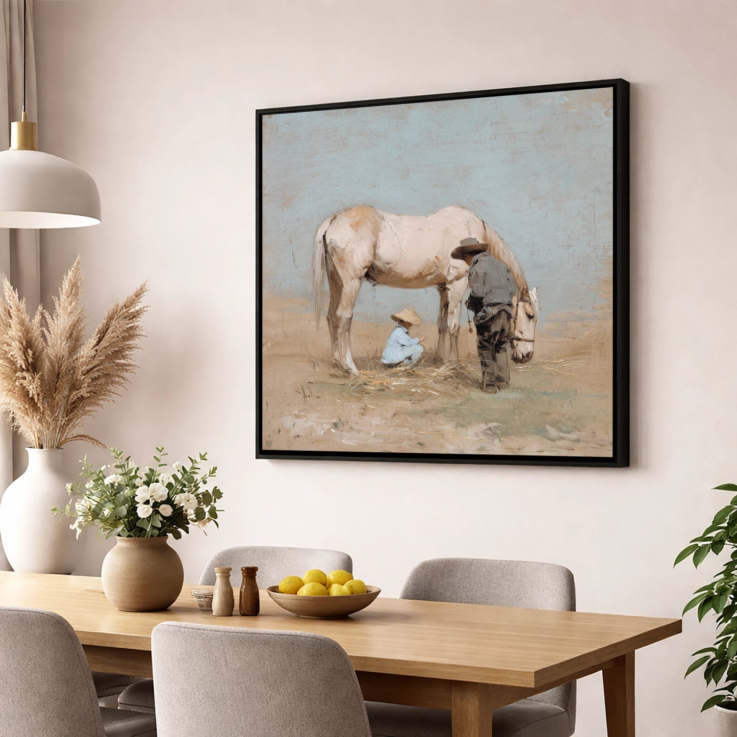 Sunlit Companions horse & rider wall art displayed in a dining room