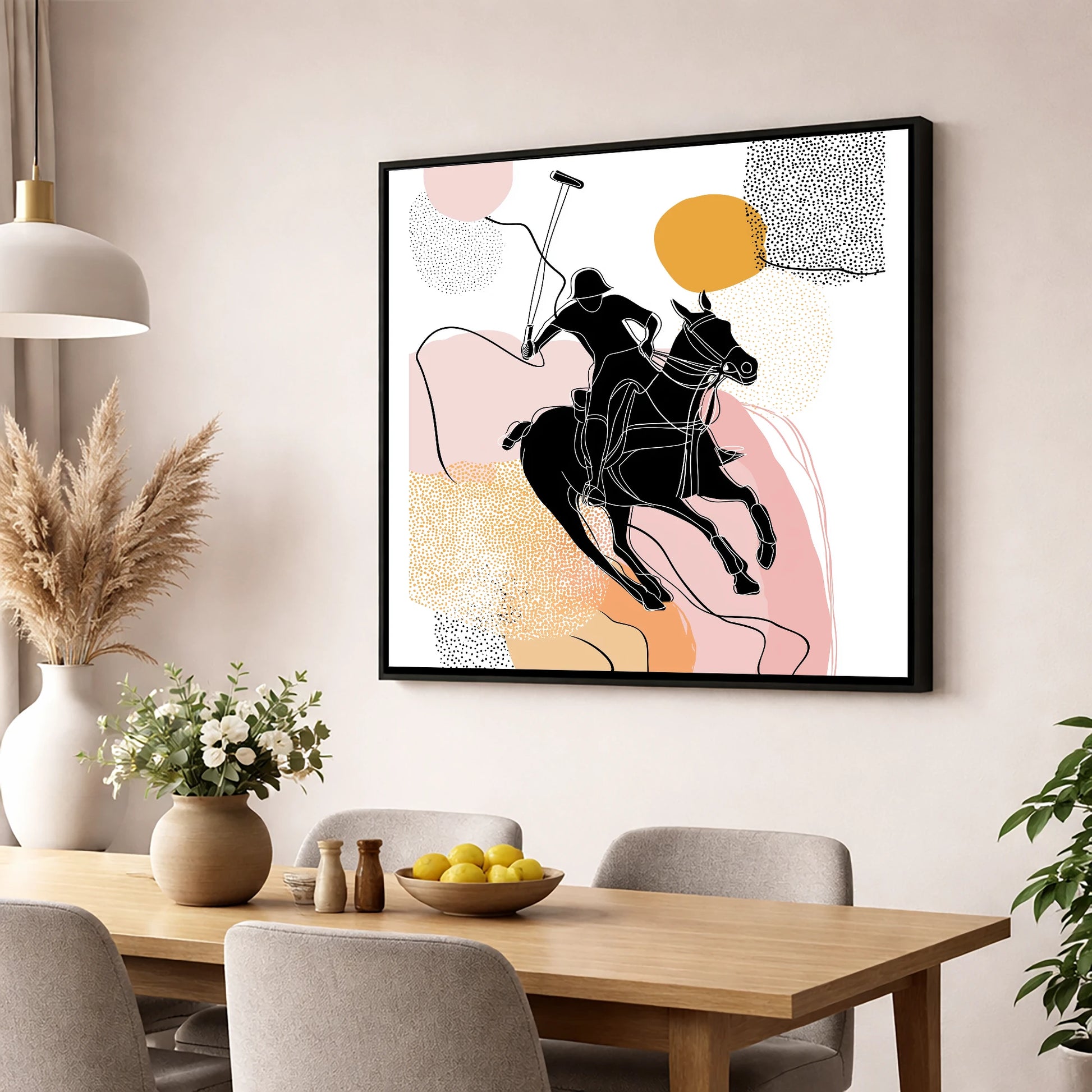 Graphic Polo Motion polo horse wall art displayed in a dining room
