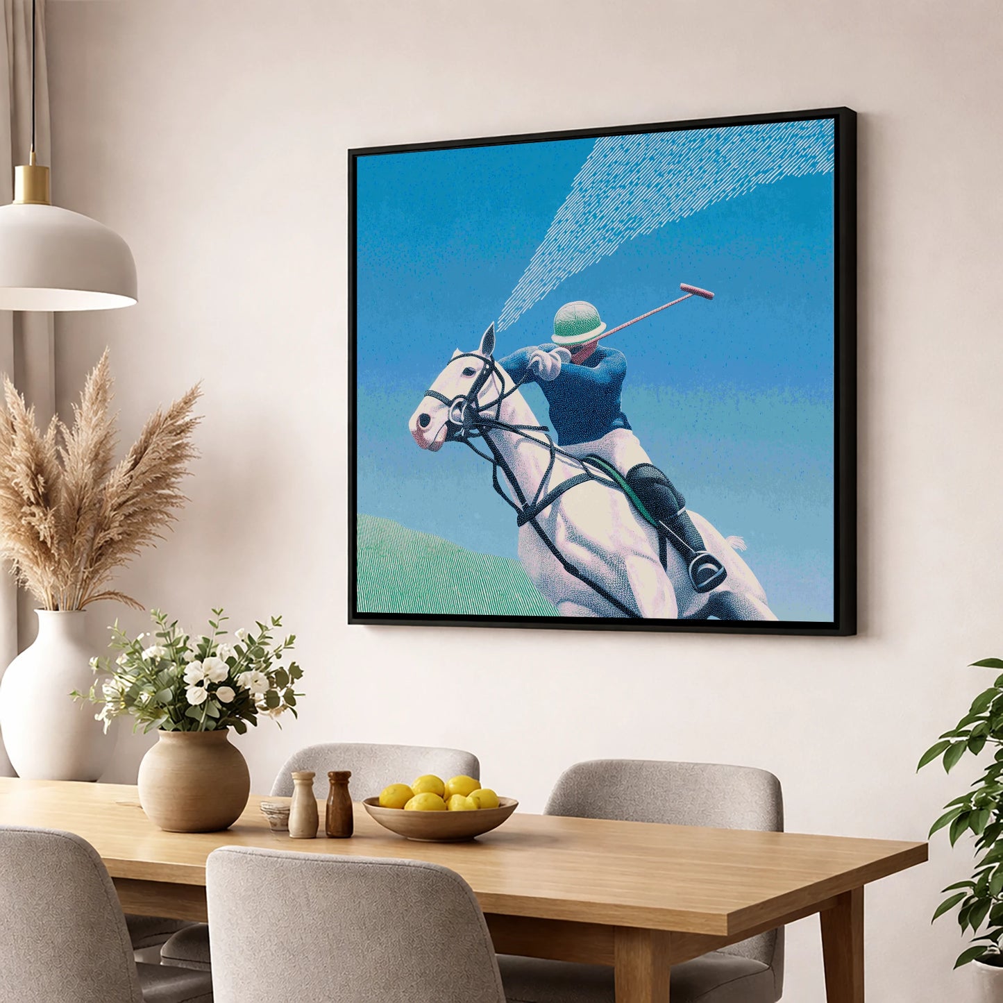 Skyward Swing polo horse wall art displayed in a dining room