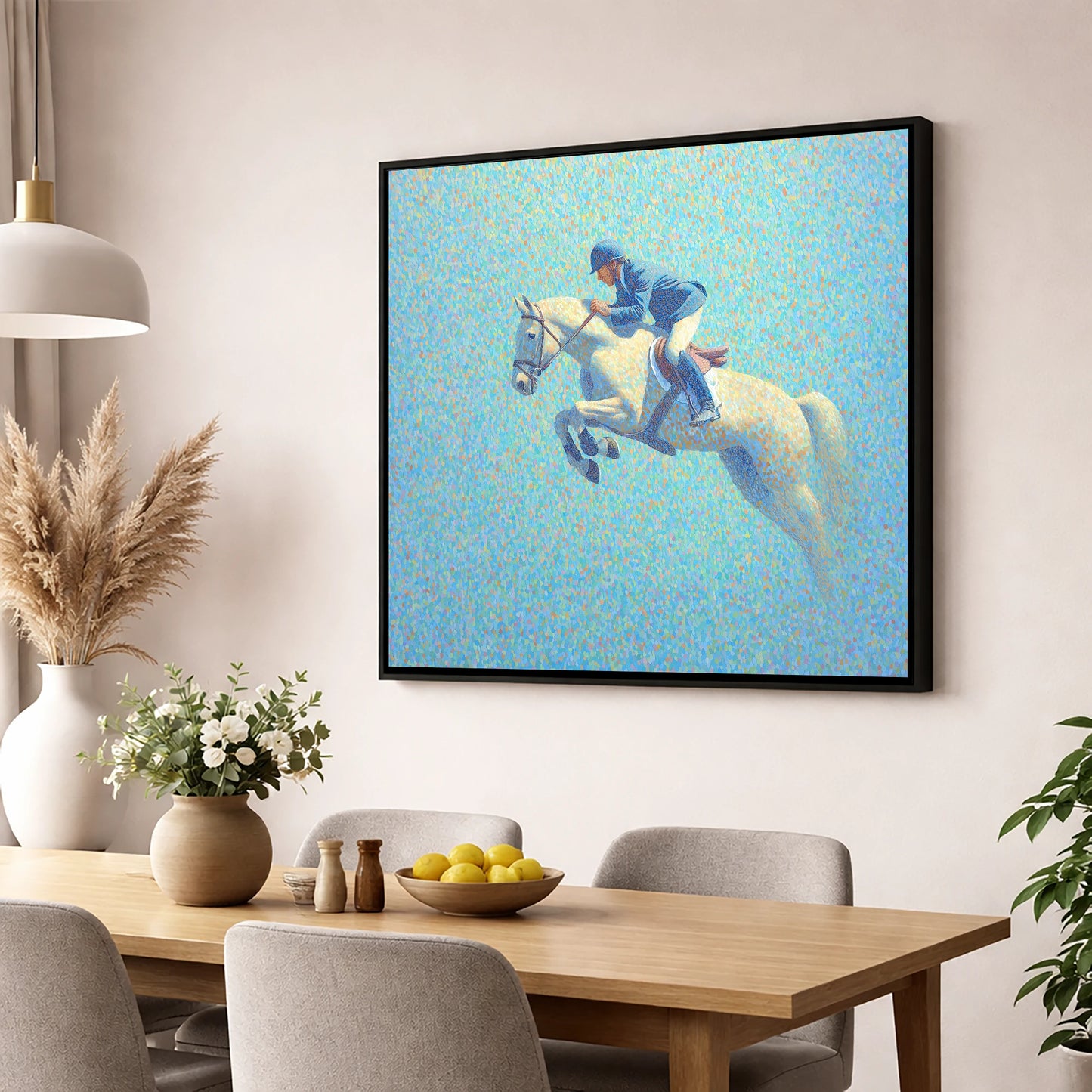 Luminous Flight show jumping horse wall art displayed in a dining room