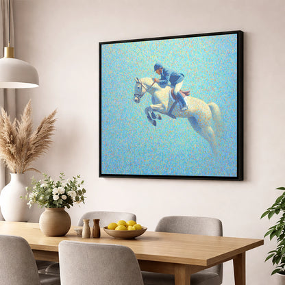 Luminous Flight show jumping horse wall art displayed in a dining room