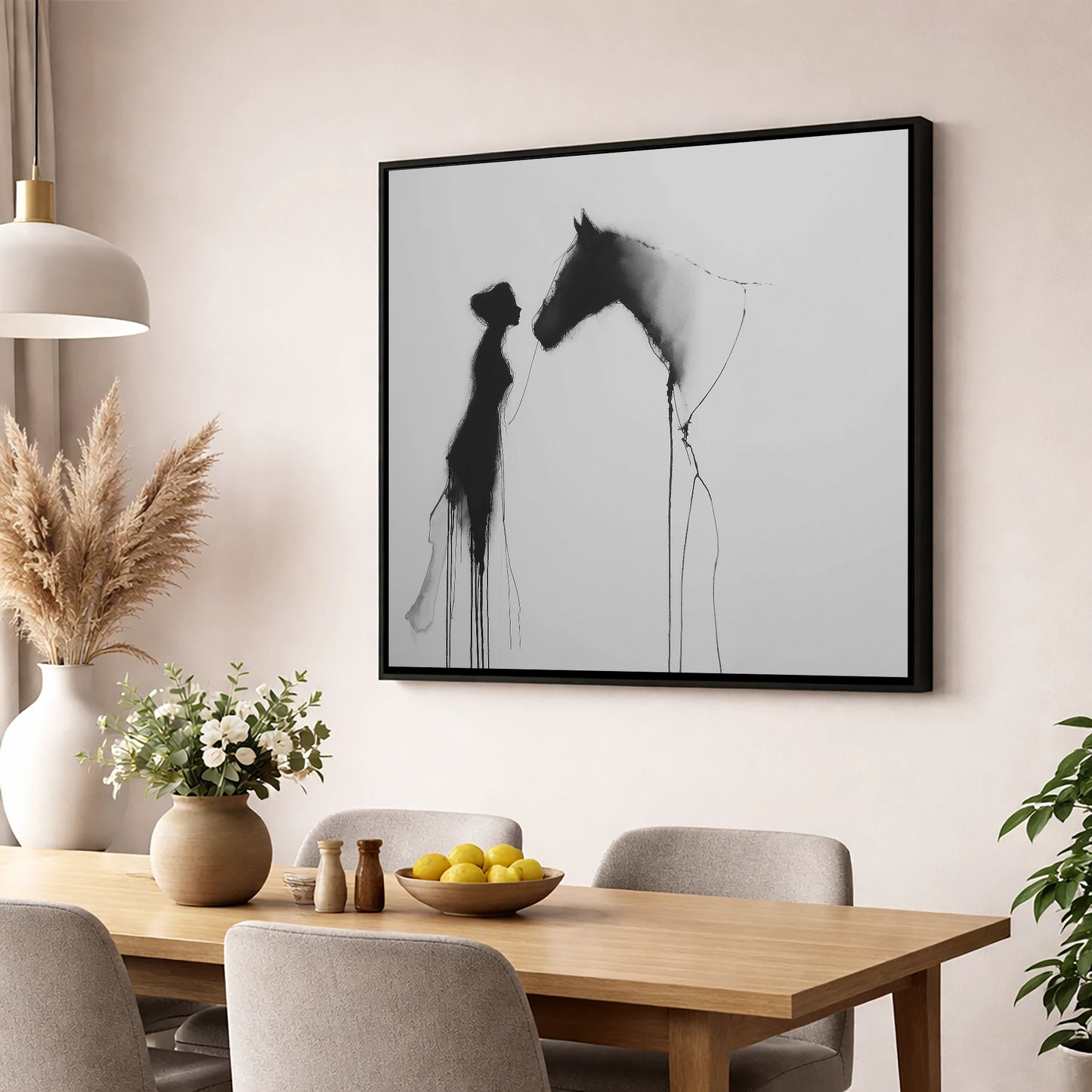 The Unspoken Bond horse & rider wall art displayed in a dining room