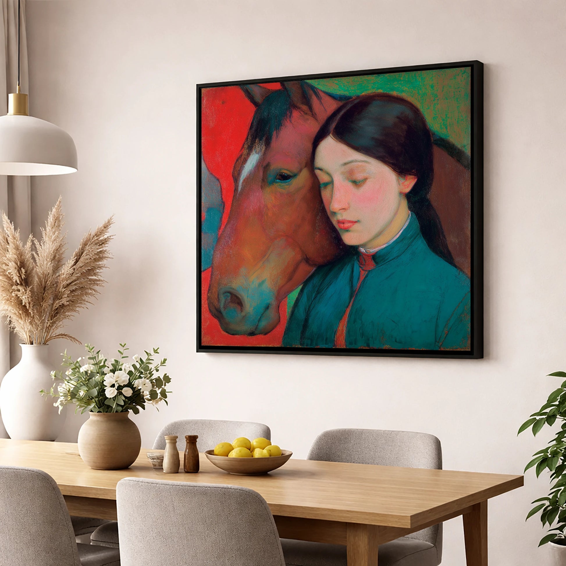 Silent Devotion horse & rider wall art displayed in a dining room