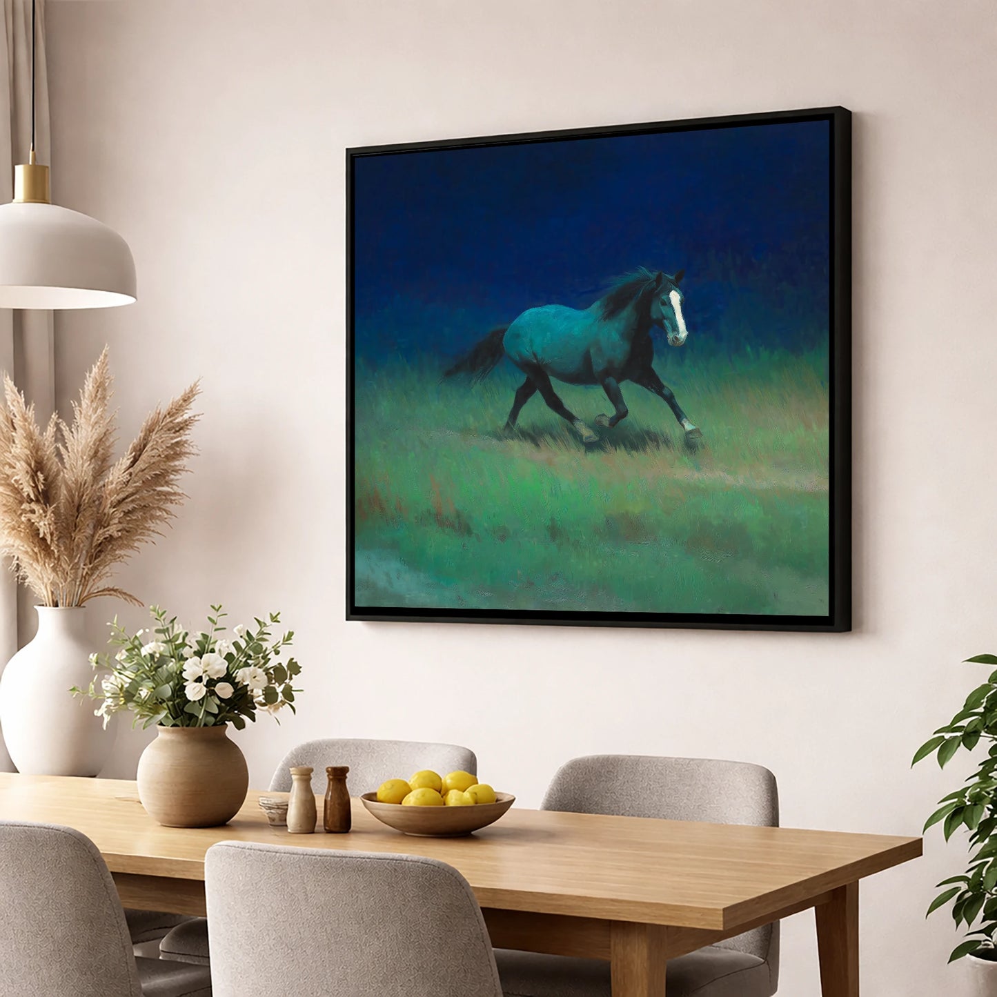 Midnight Canter horse landscape wall art displayed in a dining room