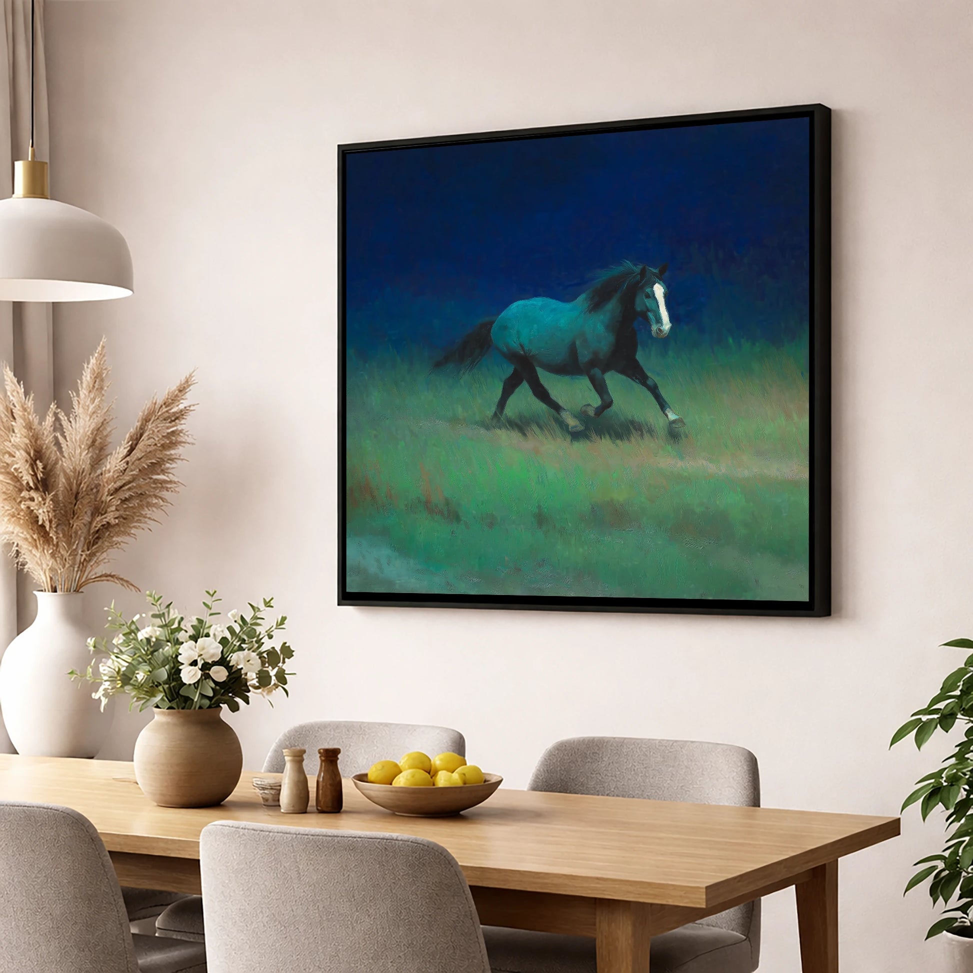 Midnight Canter horse landscape wall art displayed in a dining room