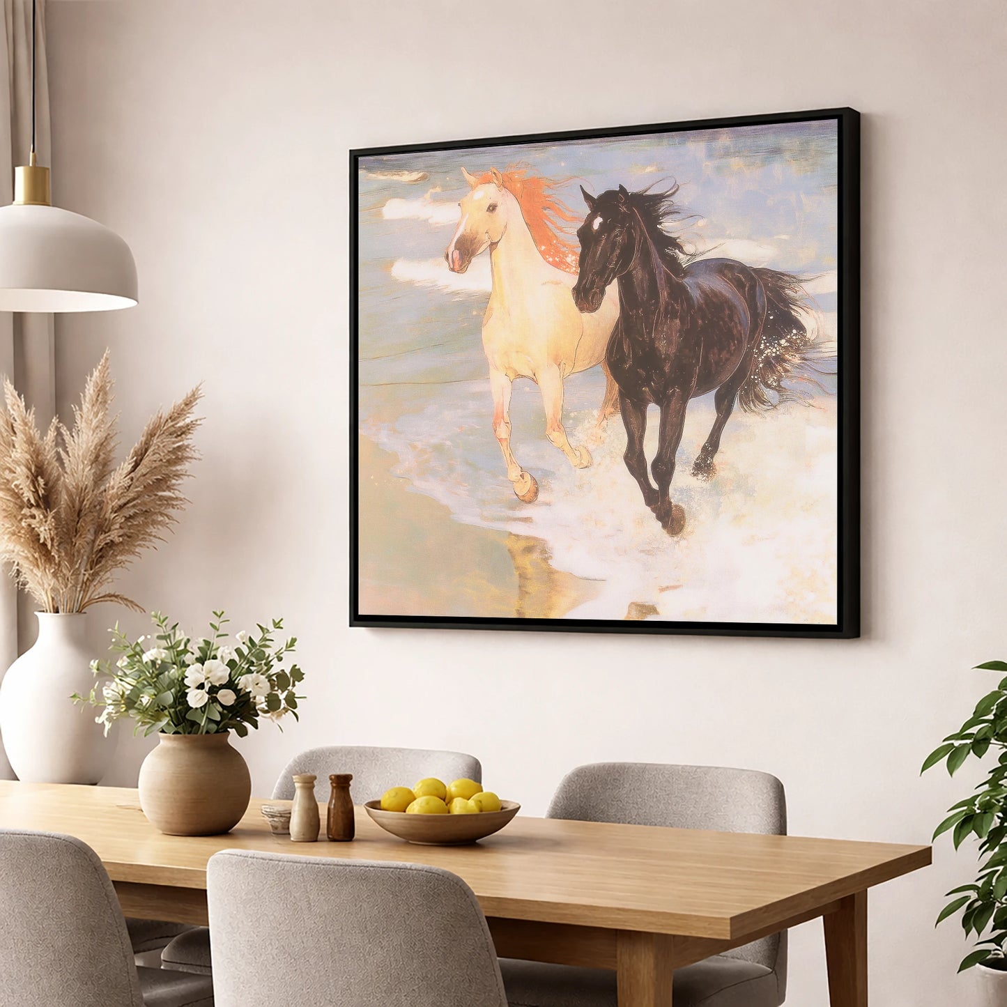 Ethereal Tide Gallop horse landscape wall art displayed in a dining room