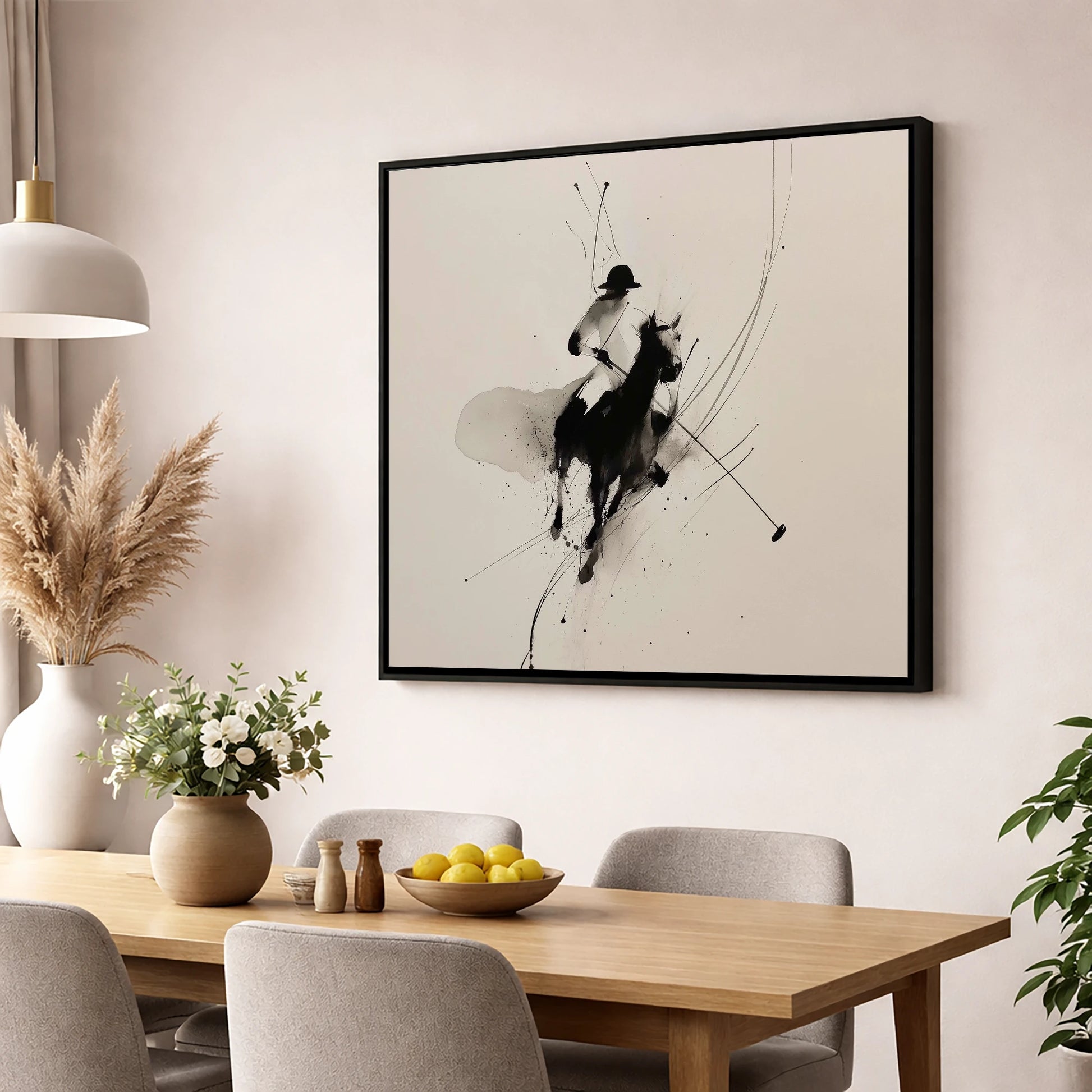 Poised for the Strike polo horse wall art displayed in a dining room