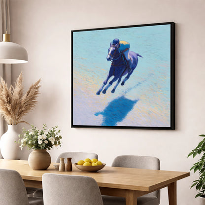 The Indigo Gallop polo horse wall art displayed in a dining room