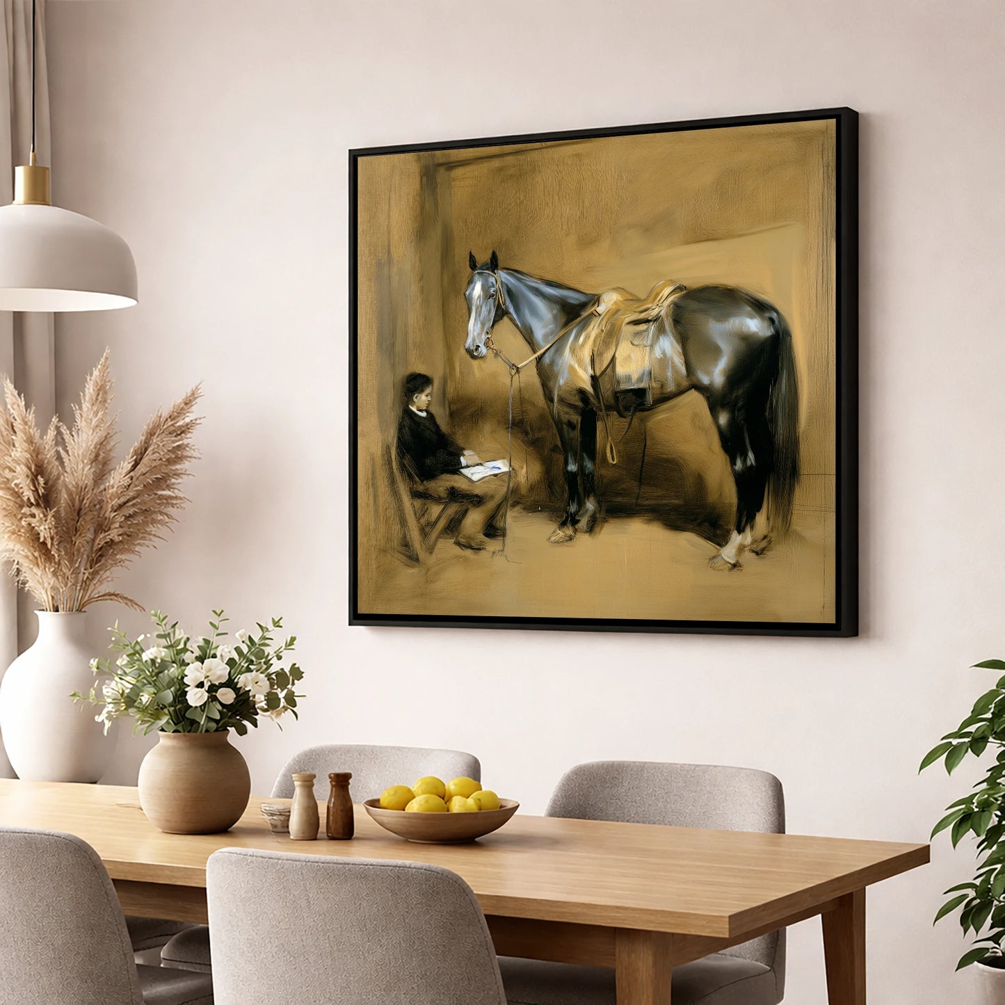 Quiet Stable Companions horse & rider wall art displayed in a dining room