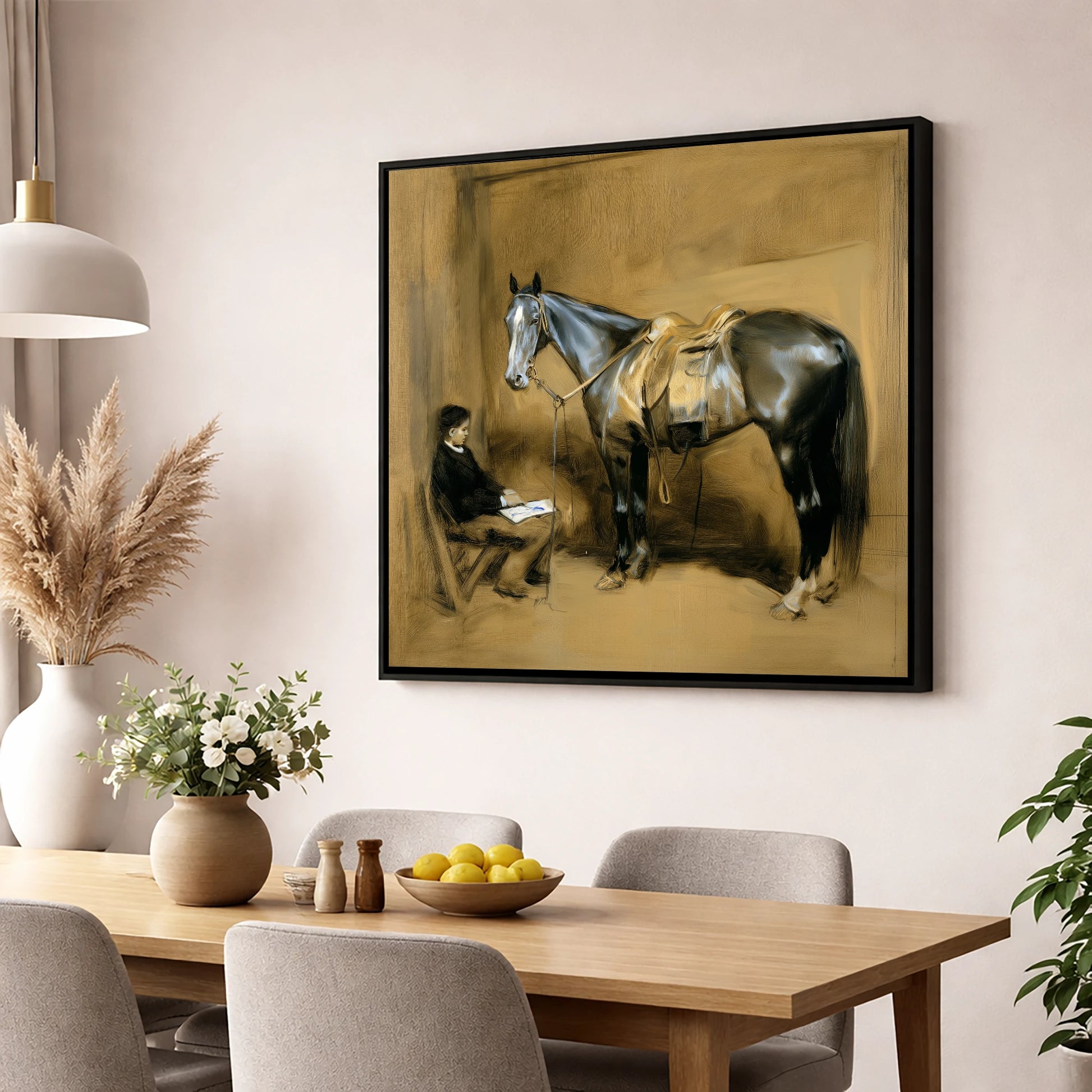 Quiet Stable Companions horse & rider wall art displayed in a dining room