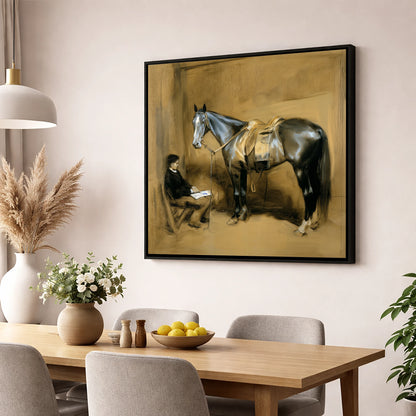 Quiet Stable Companions horse & rider wall art displayed in a dining room