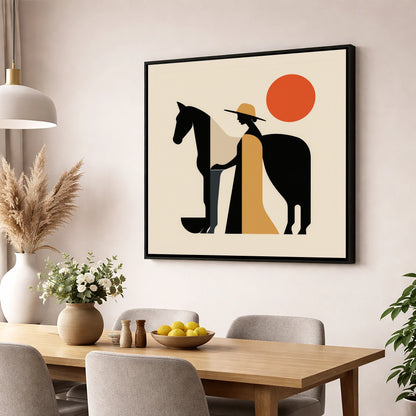 Sunlit Equine Silhouette horse & rider wall art displayed in a dining room