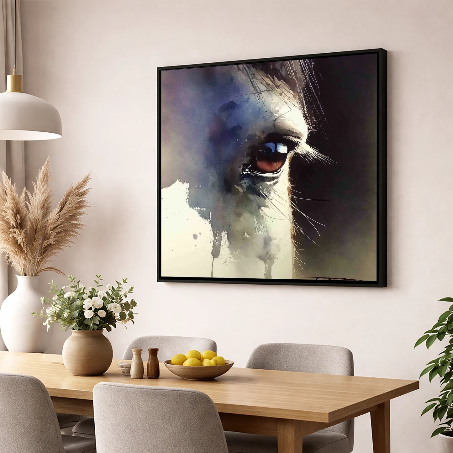 Indigo Gaze horse portrait wall art displayed in a dining room
