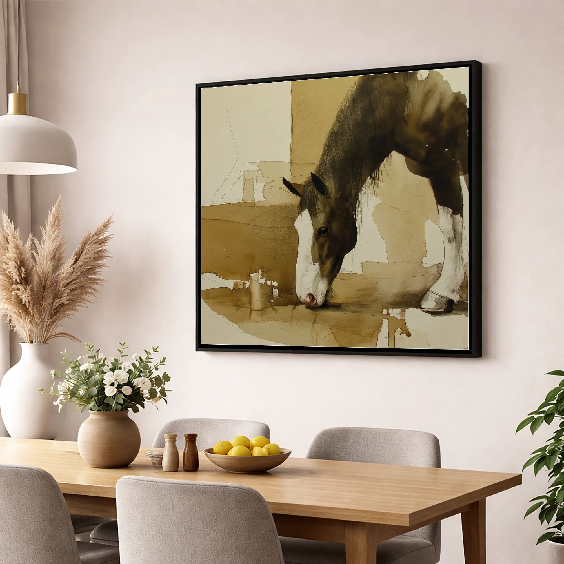 Sepia Equine Study horse breed wall art displayed in a dining room