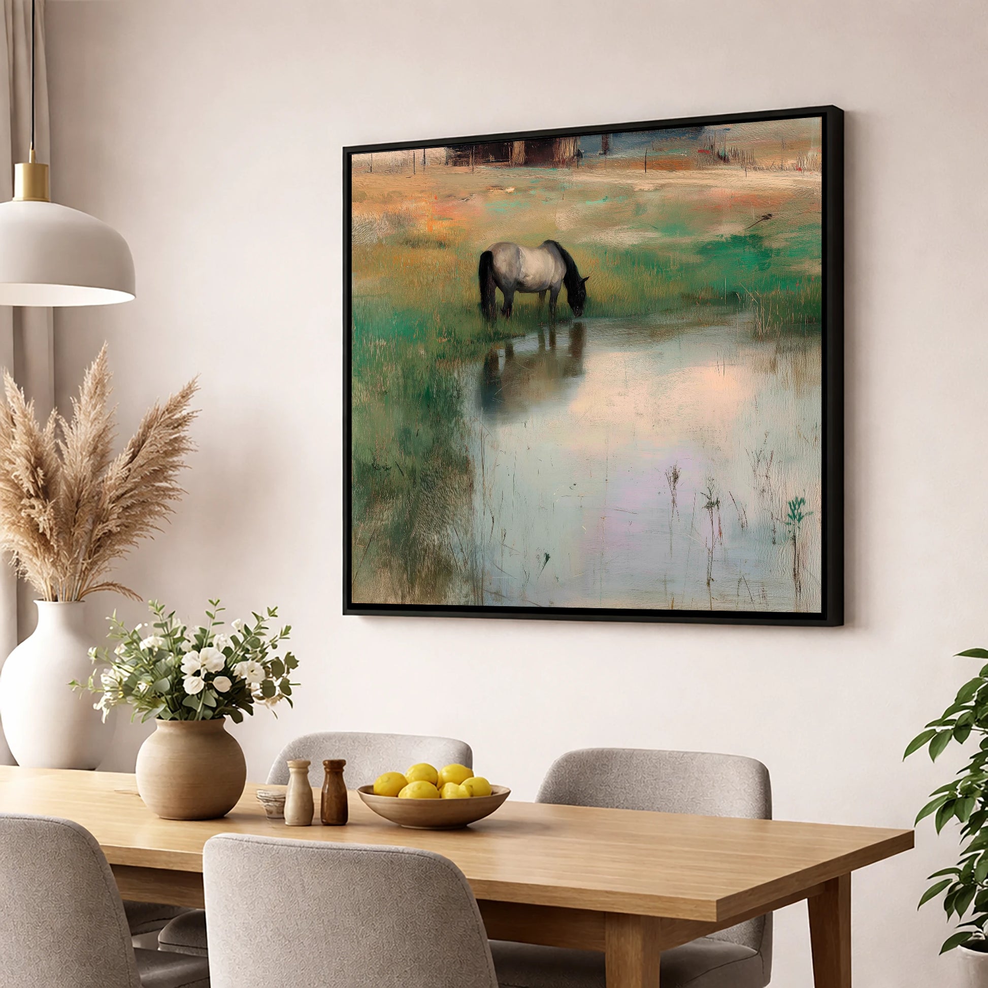 Tranquil Reflections horse landscape wall art displayed in a dining room