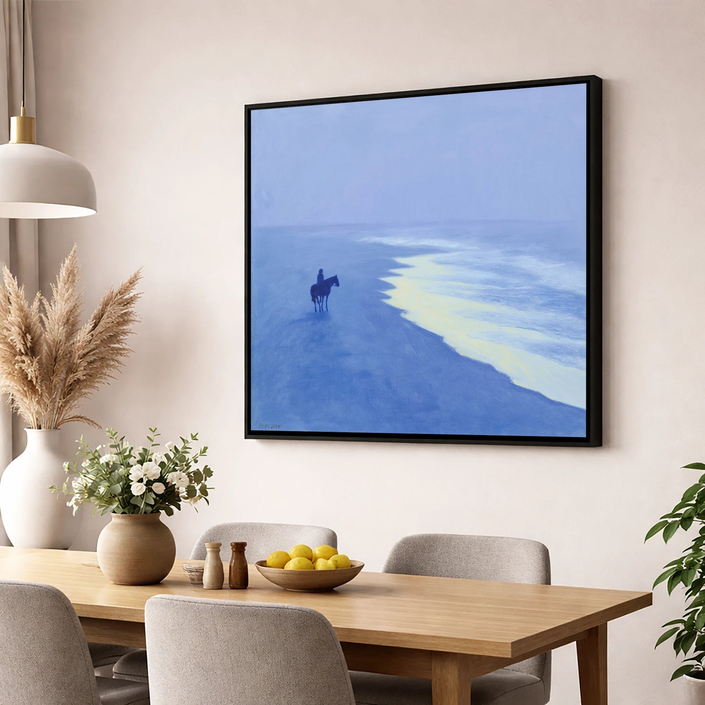 Azure Coastal Ride horse landscape wall art displayed in a dining room