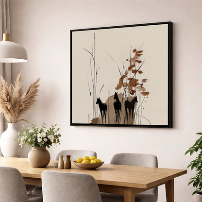 Serenity in the Reeds wild horses wall art displayed in a dining room