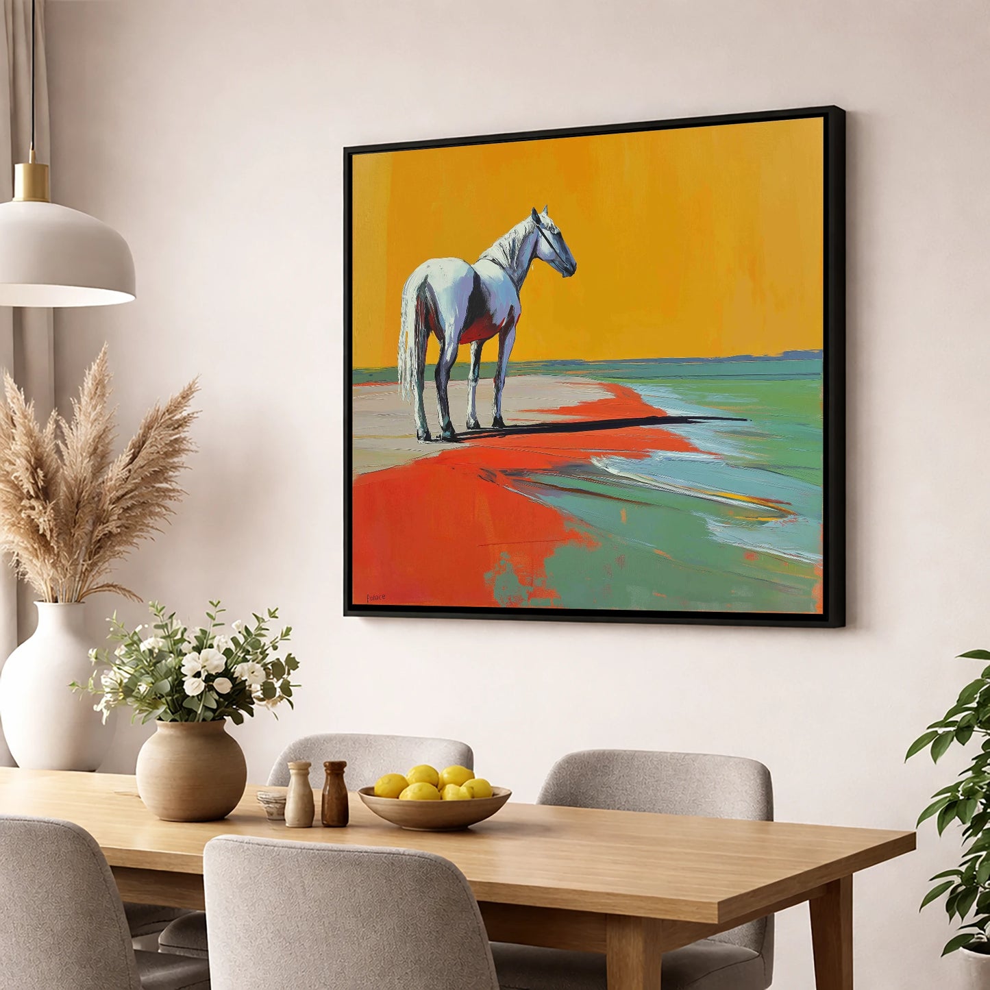 Amber Horizon horse landscape wall art displayed in a dining room