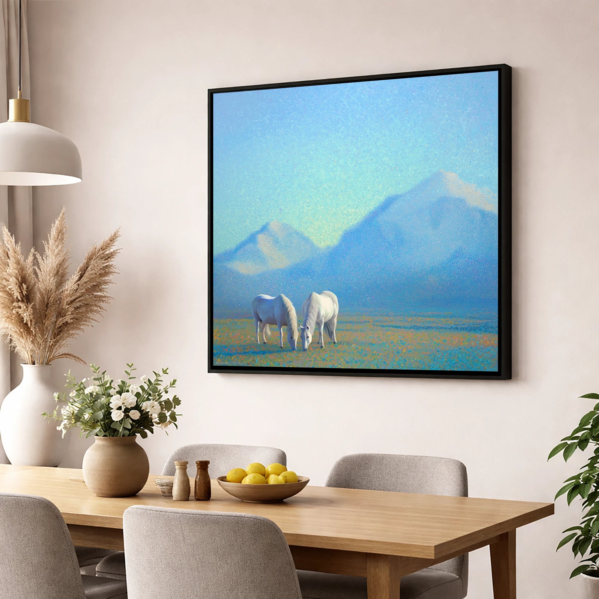 Luminous Mountain Pasture horse landscape wall art displayed in a dining room