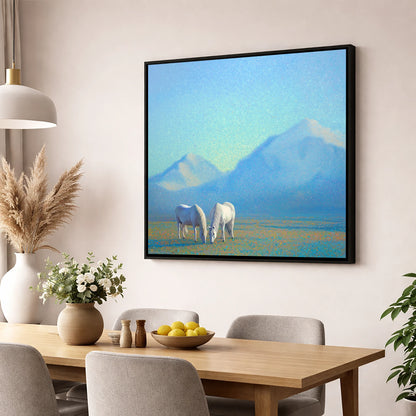 Luminous Mountain Pasture horse landscape wall art displayed in a dining room