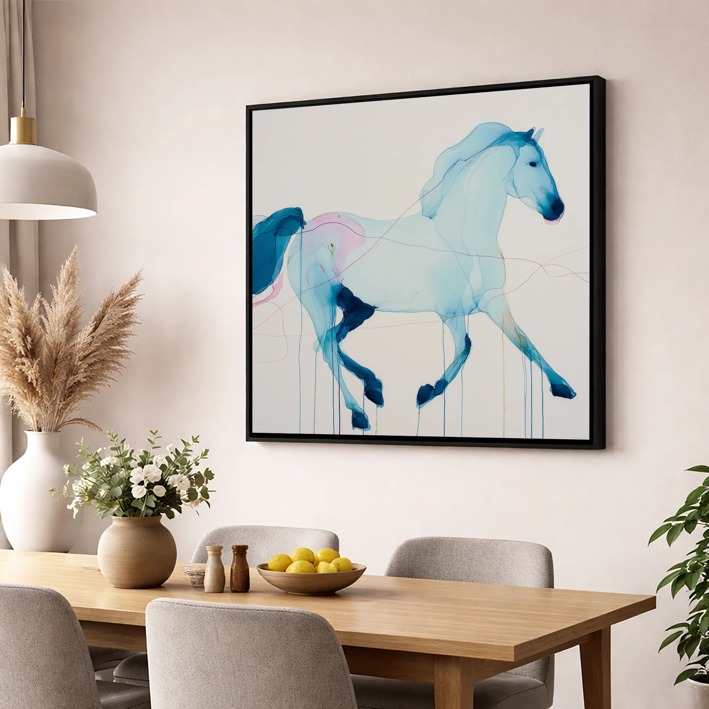 Fluid Azure Grace horse breed wall art displayed in a dining room