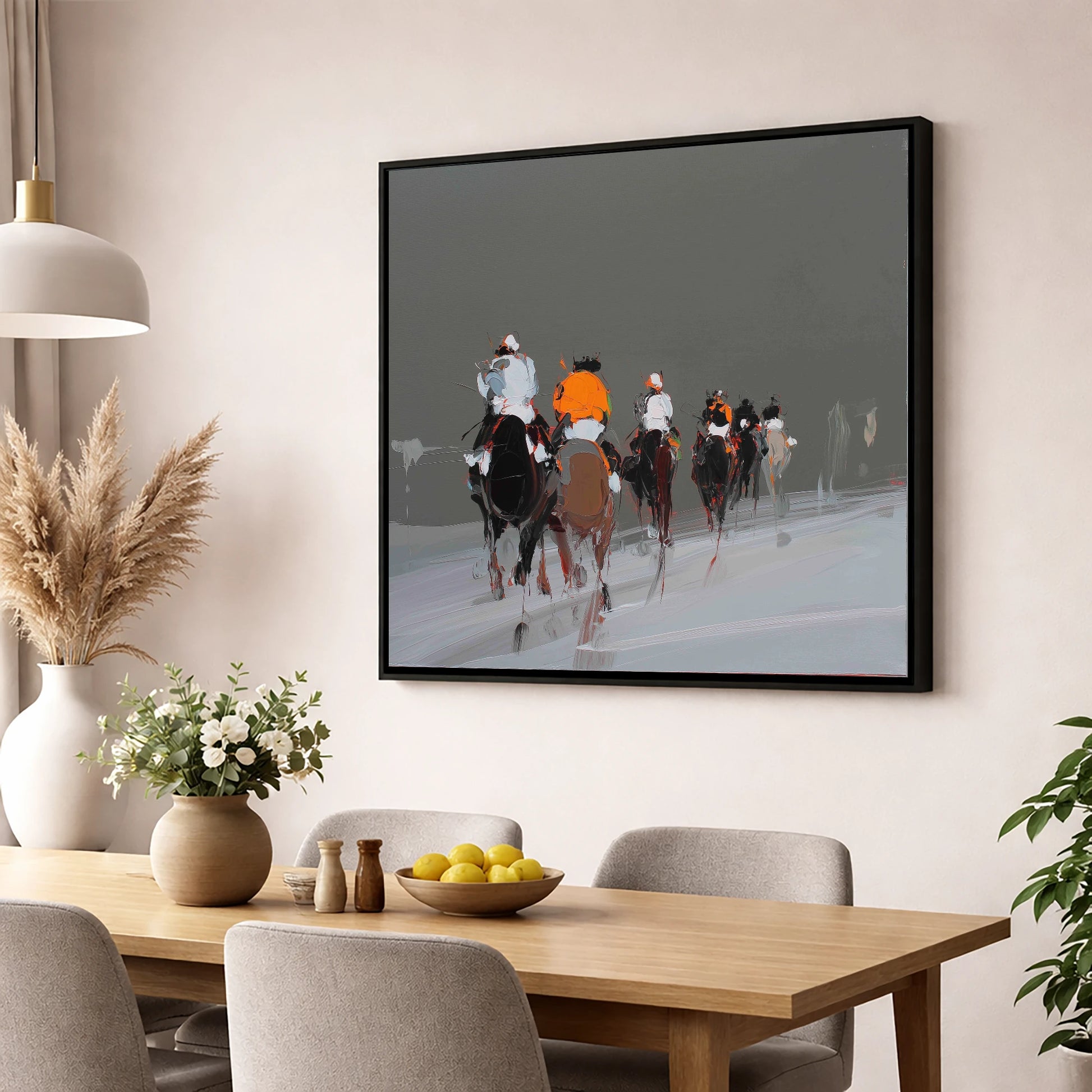 Through the Grey racing horse wall art displayed in a dining room