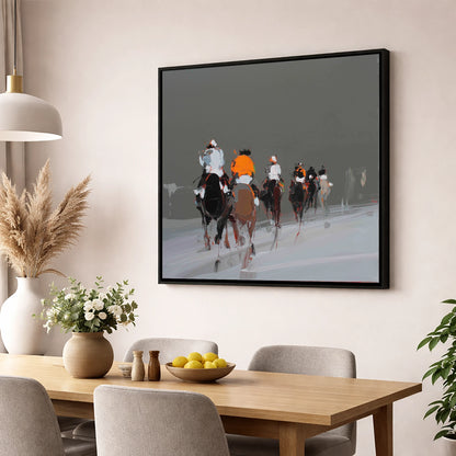 Through the Grey racing horse wall art displayed in a dining room