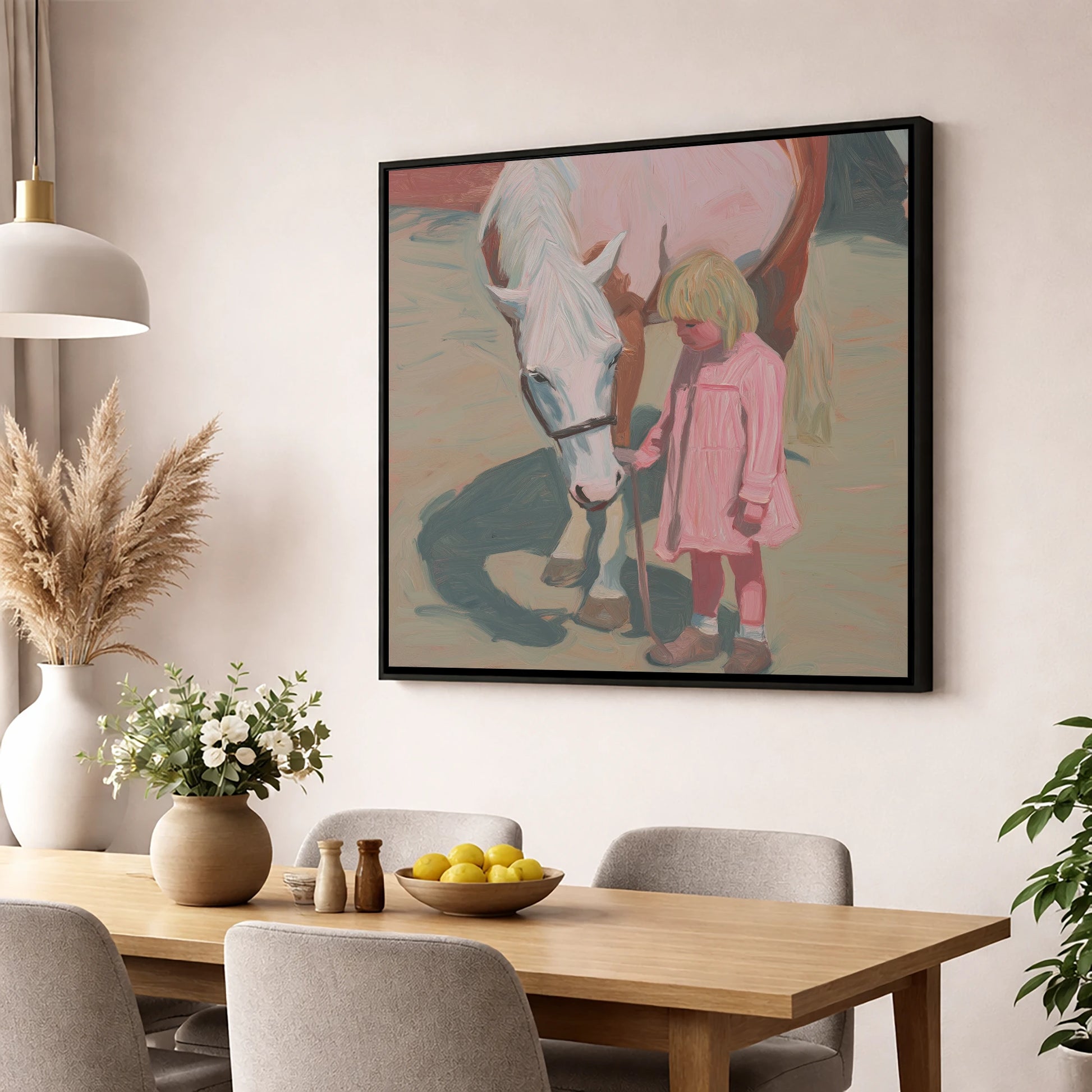 A Quiet Understanding horse & rider wall art displayed in a dining room