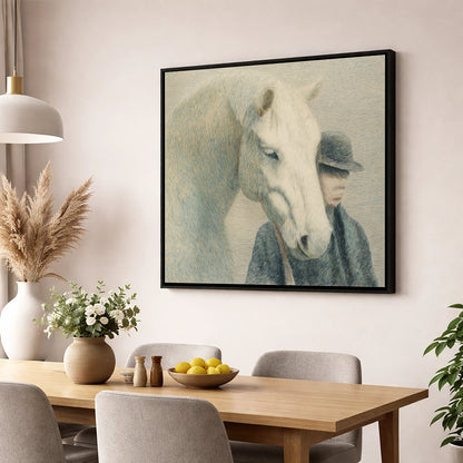 A Quiet Understanding horse & rider wall art displayed in a dining room