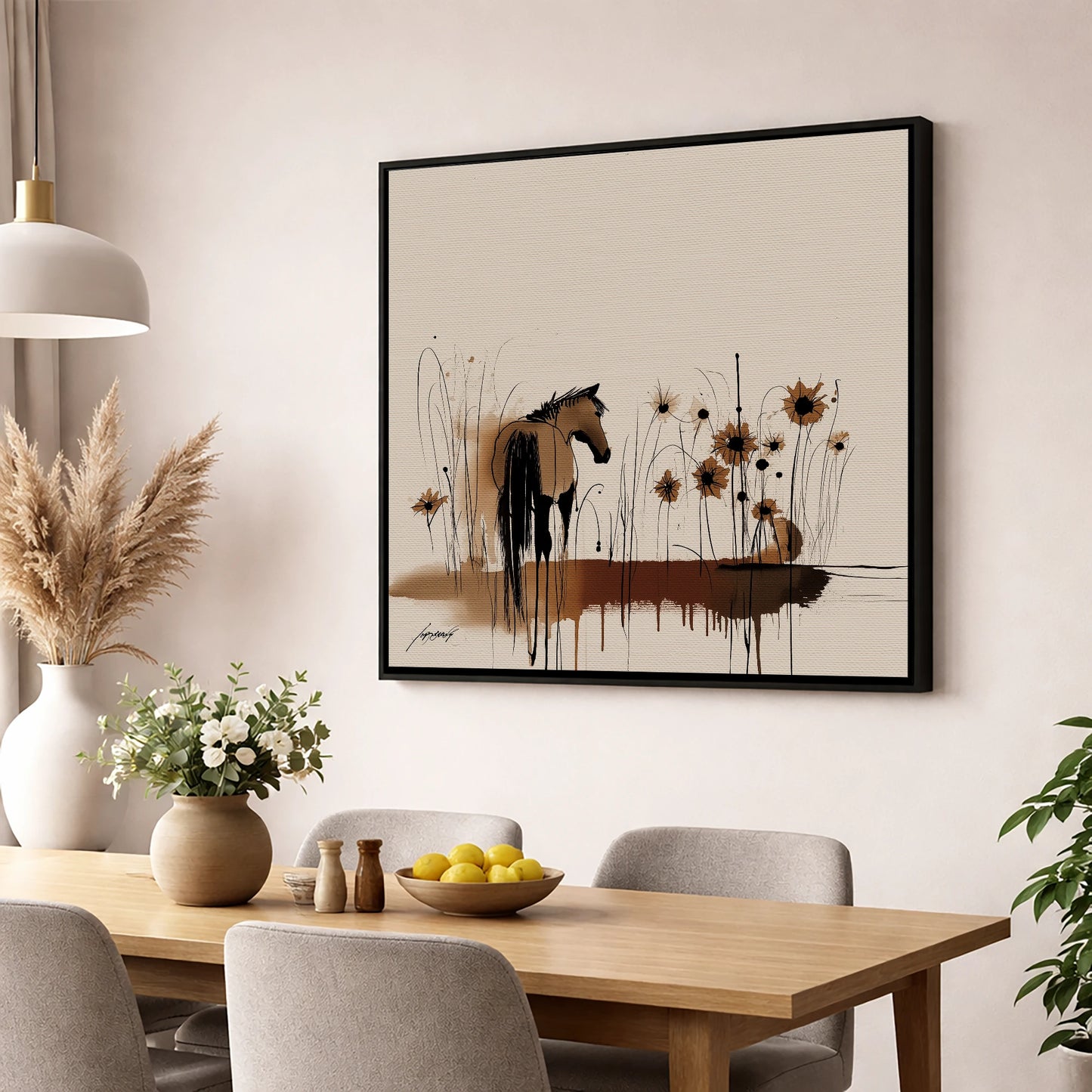 Sepia Meadow Silhouette horse landscape wall art displayed in a dining room
