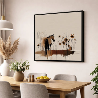 Sepia Meadow Silhouette horse landscape wall art displayed in a dining room