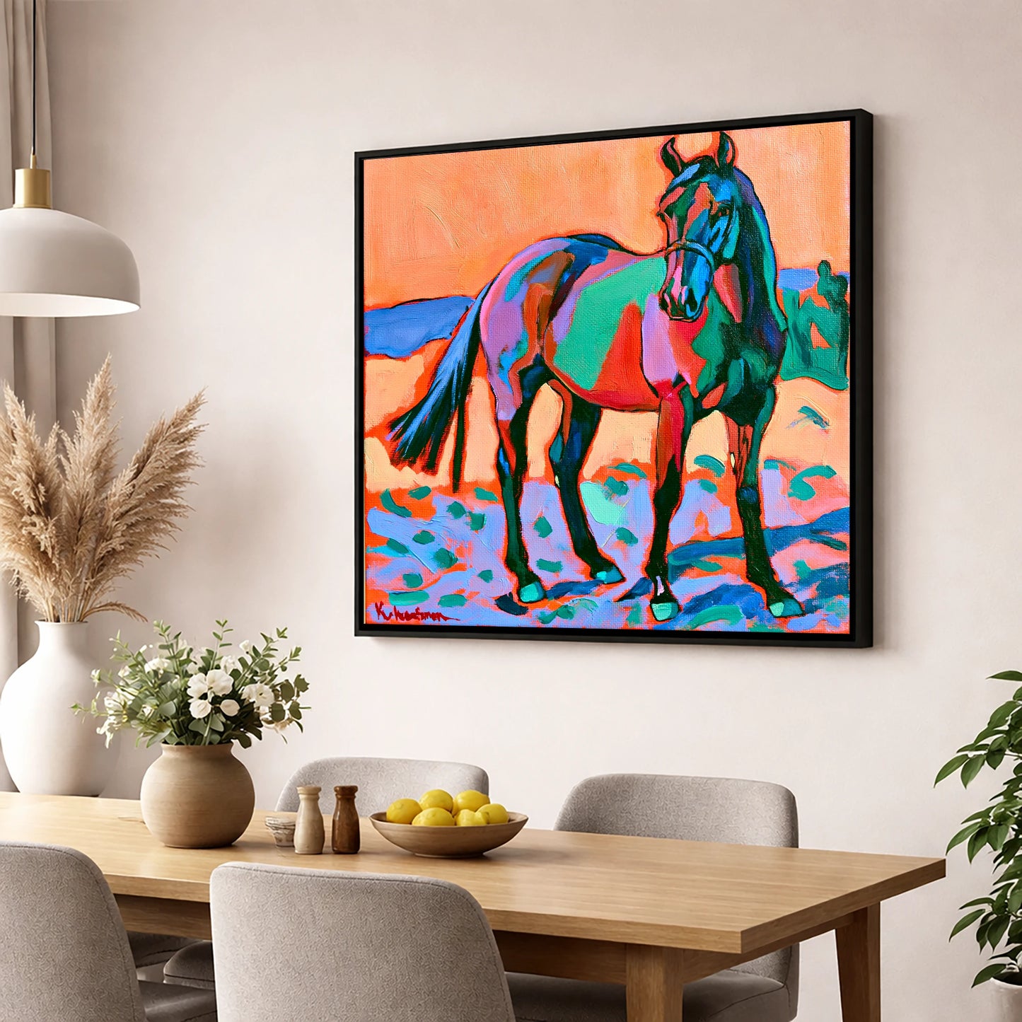 Vivid Turquoise And Purple Horse horse breed wall art displayed in a dining room