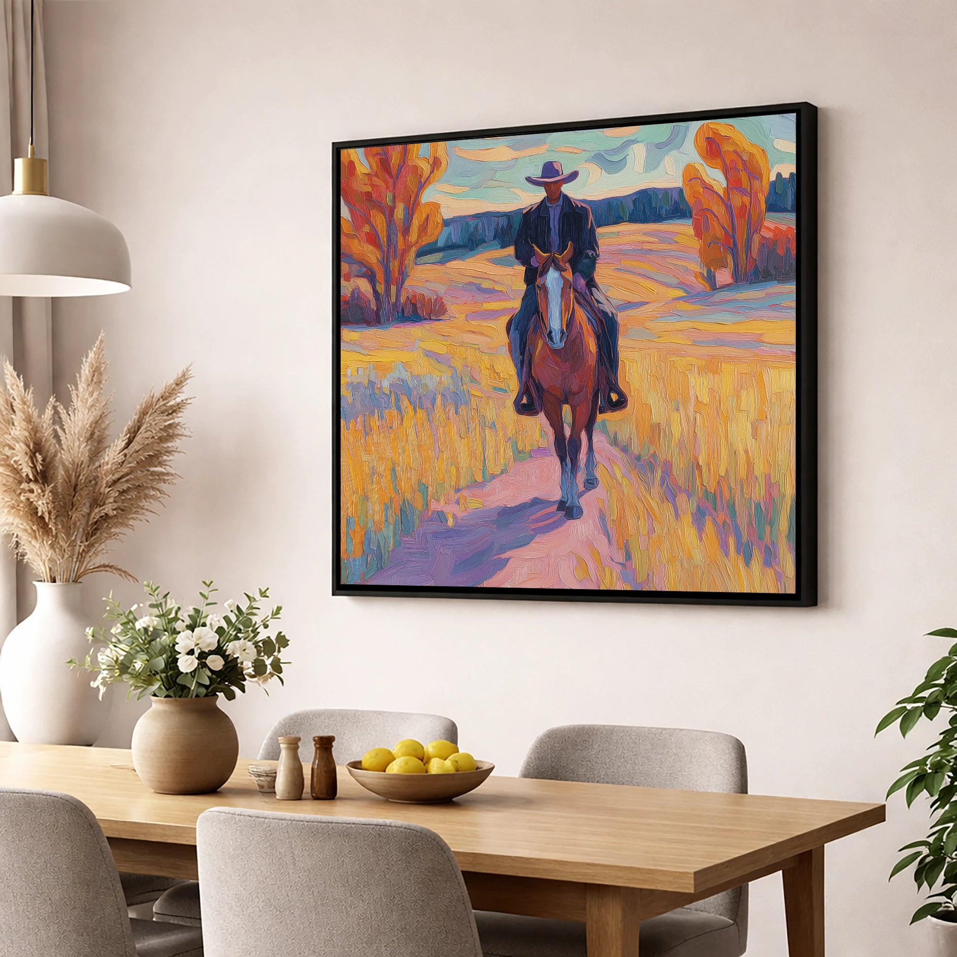 Vibrant Western Trail western horse wall art displayed in a dining room
