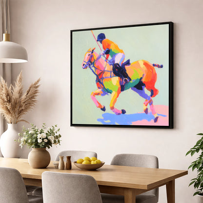 Technicolour Polo Stride polo horse wall art displayed in a dining room