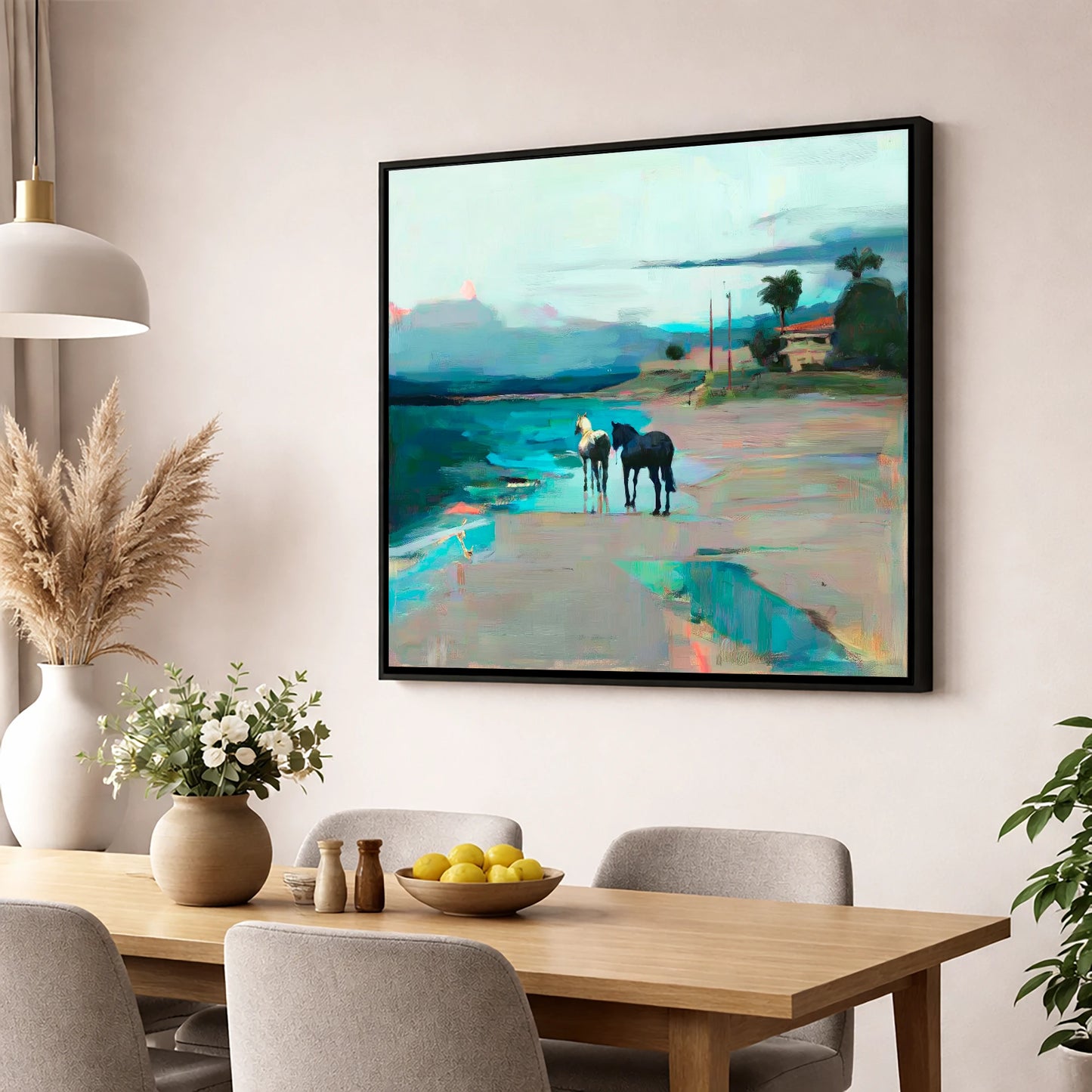 Dusk on the Shoreline horse landscape wall art displayed in a dining room