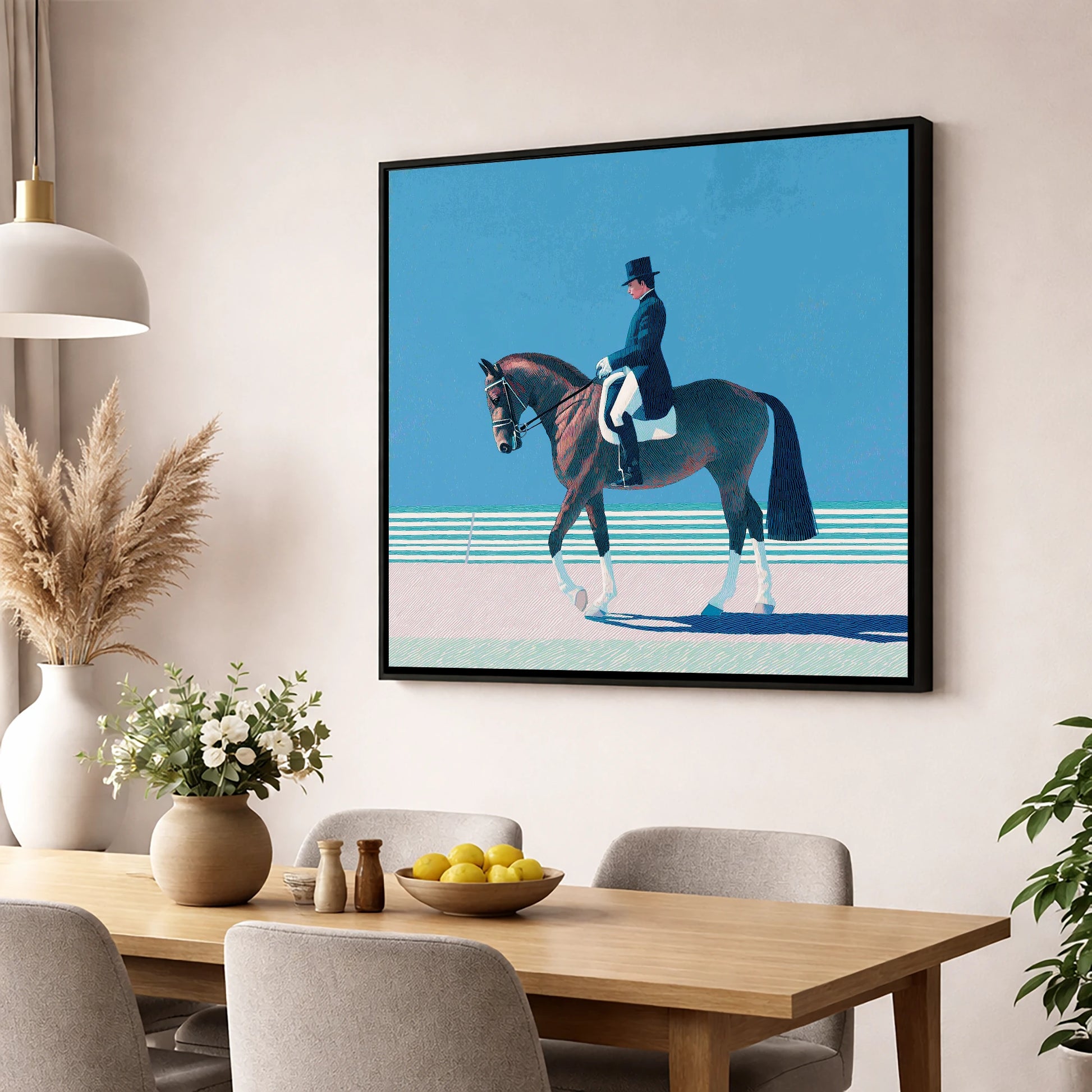 Classical Dressage Elegance dressage horse wall art displayed in a dining room