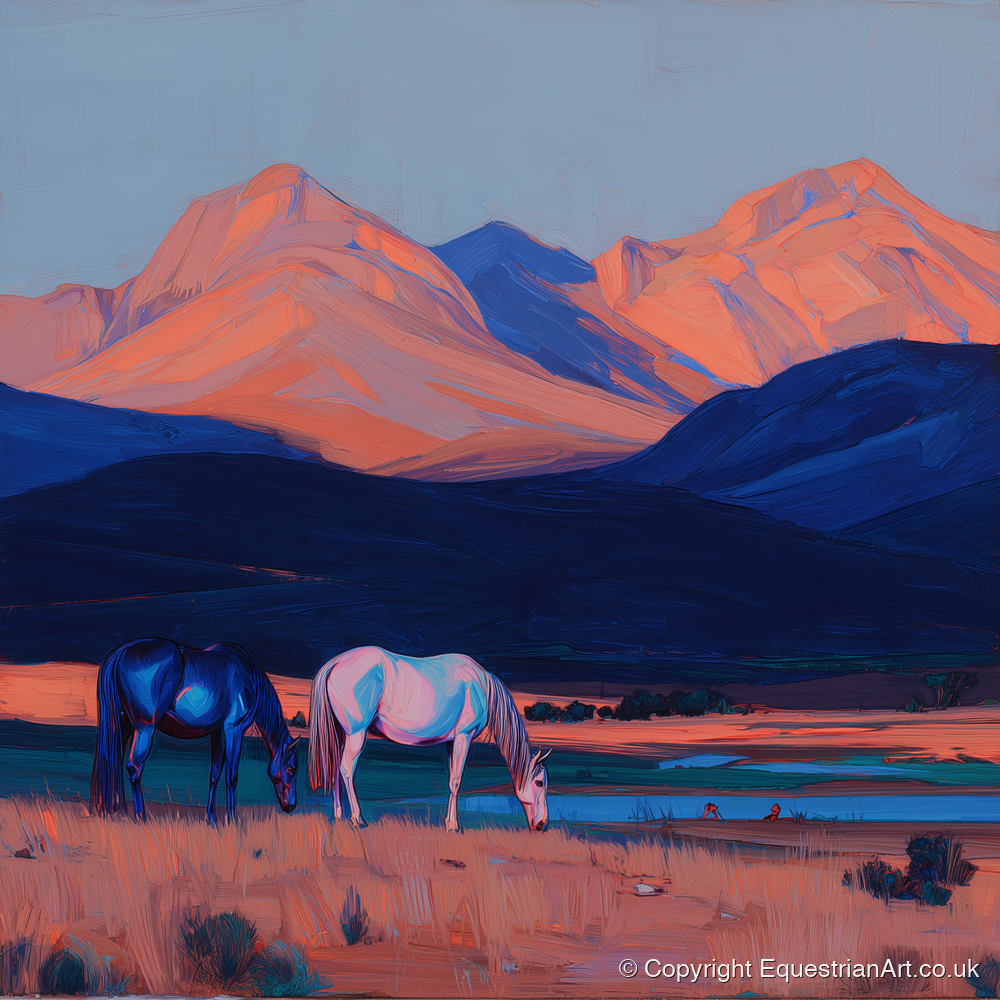 Dusk Mountain Pasture - horse landscape art print and canvas by Evander Winslow A.I