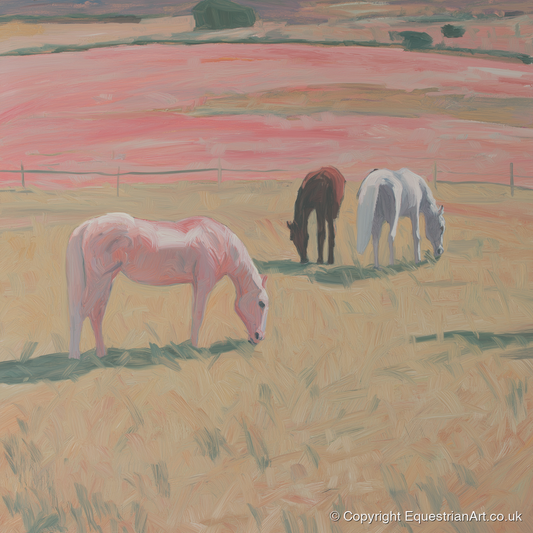Dusky Meadow Grazing - horse landscape art print and canvas by Florence Hadley A.I