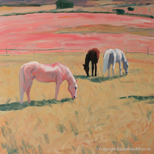 Dusky Meadow Grazing - horse landscape art print and canvas by Florence Hadley A.I