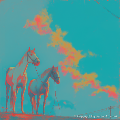 Electric Cyan Skies - horse landscape art print and canvas by Evelyn Banks A.I
