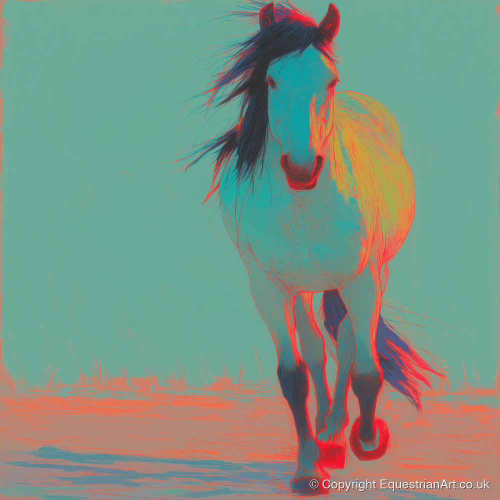 Electric Cyan Stride - horse portrait art print and canvas by Evelyn Banks A.I
