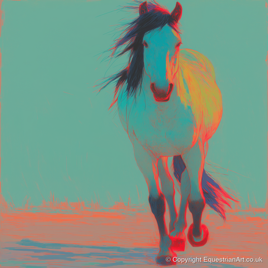 Electric Cyan Stride - horse portrait art print and canvas by Evelyn Banks A.I