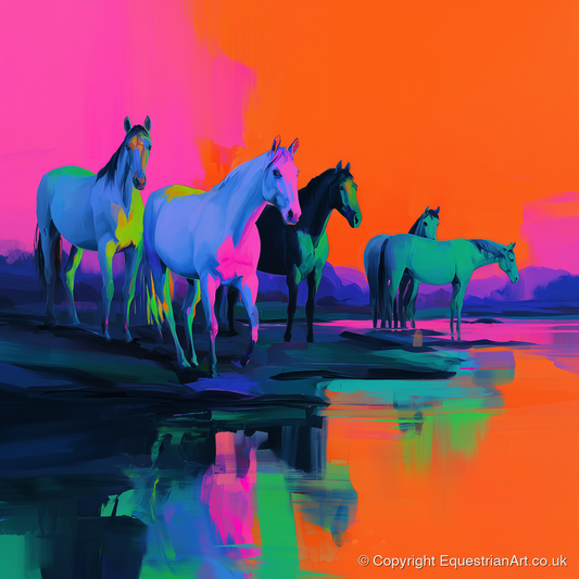 Electric Sunset Herd - wild horses art print and canvas by Lucian Prescott A.I